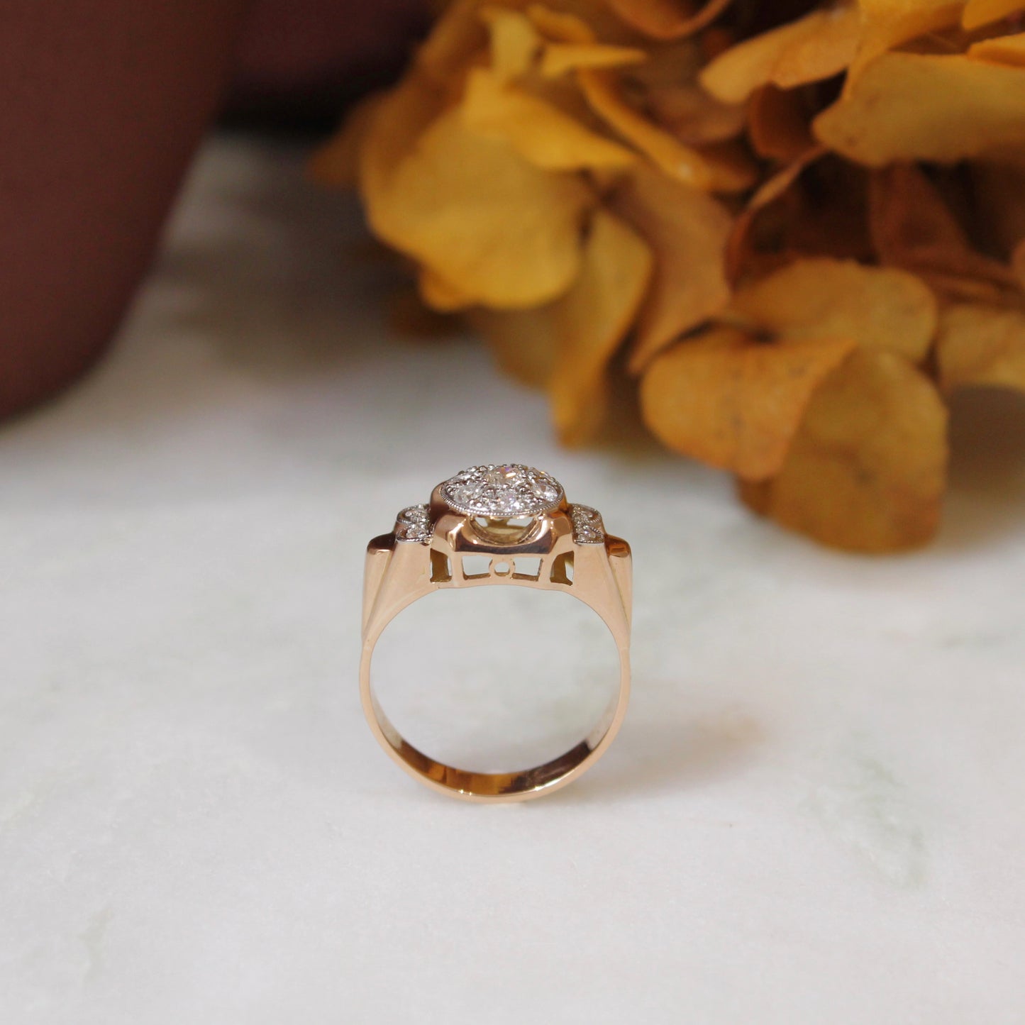 Bague Tank en or rose et platine ornée de diamants taille ancienne