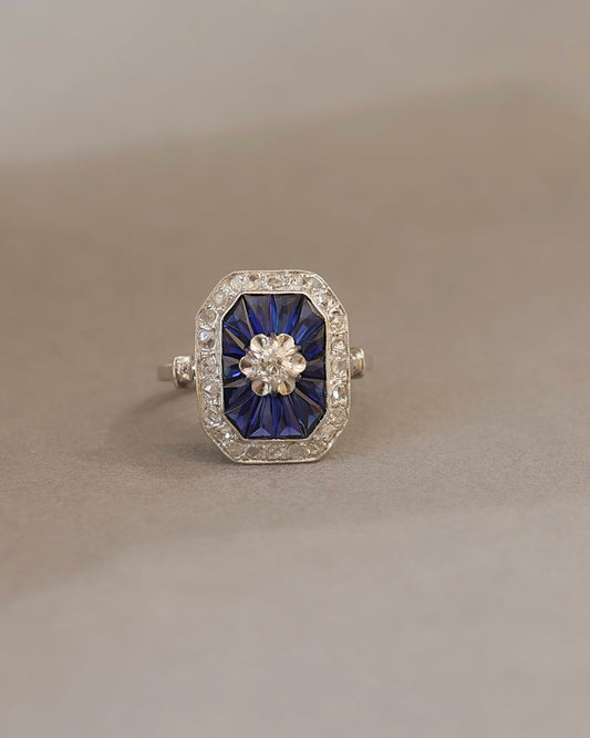 Bague Art Deco or 18K saphirs bleus et diamants
