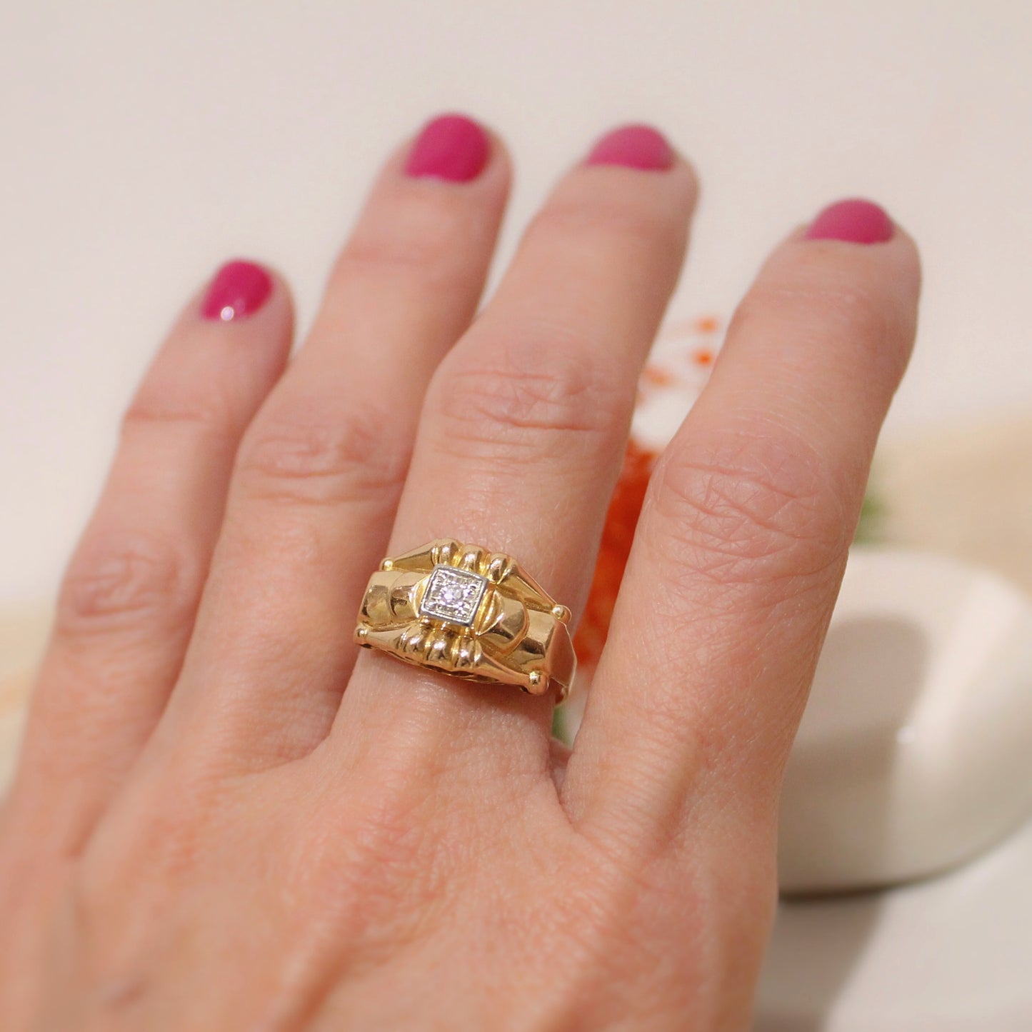 bague ancienne dite bague tank- vers 1940-50 - monture en or jaune - serti en platine