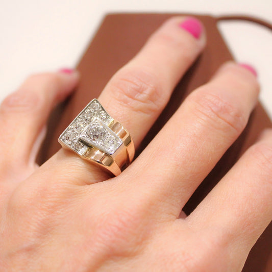 Bague ancienne vers 1940-modèle tank-pavage diamants taille ancienne