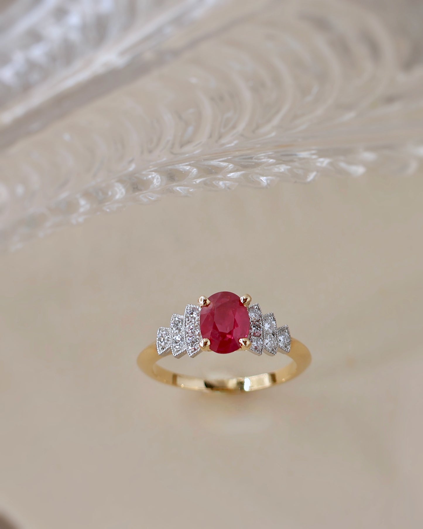 Bague rubis diamants platine or jaune 18K