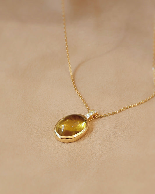 Pendentif citrine cabochon et diamants or jaune