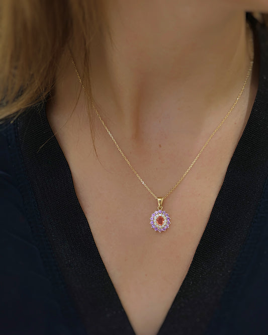 Pendentif saphir rose orange double entourage diamants et or jaune 18K