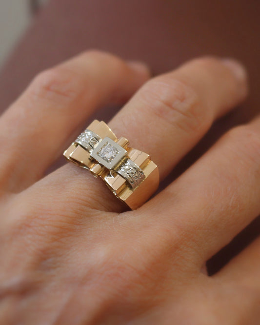 bague tank or rose et diamant central taille ancienne