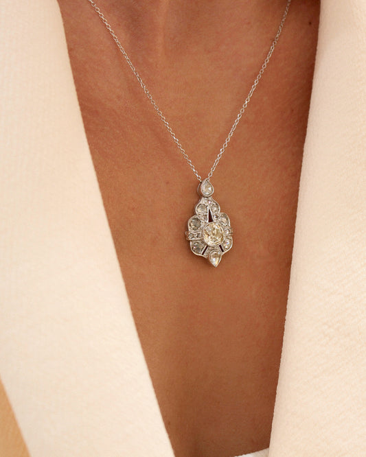 collier pendentif ancien - diamants taille ancienne sur or blanc