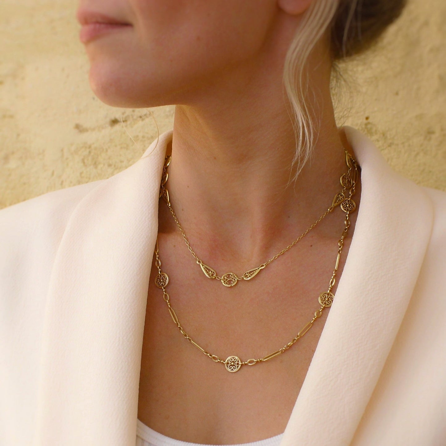 ensemble de colliers en maille filigrane-colliers anciens en or jaune