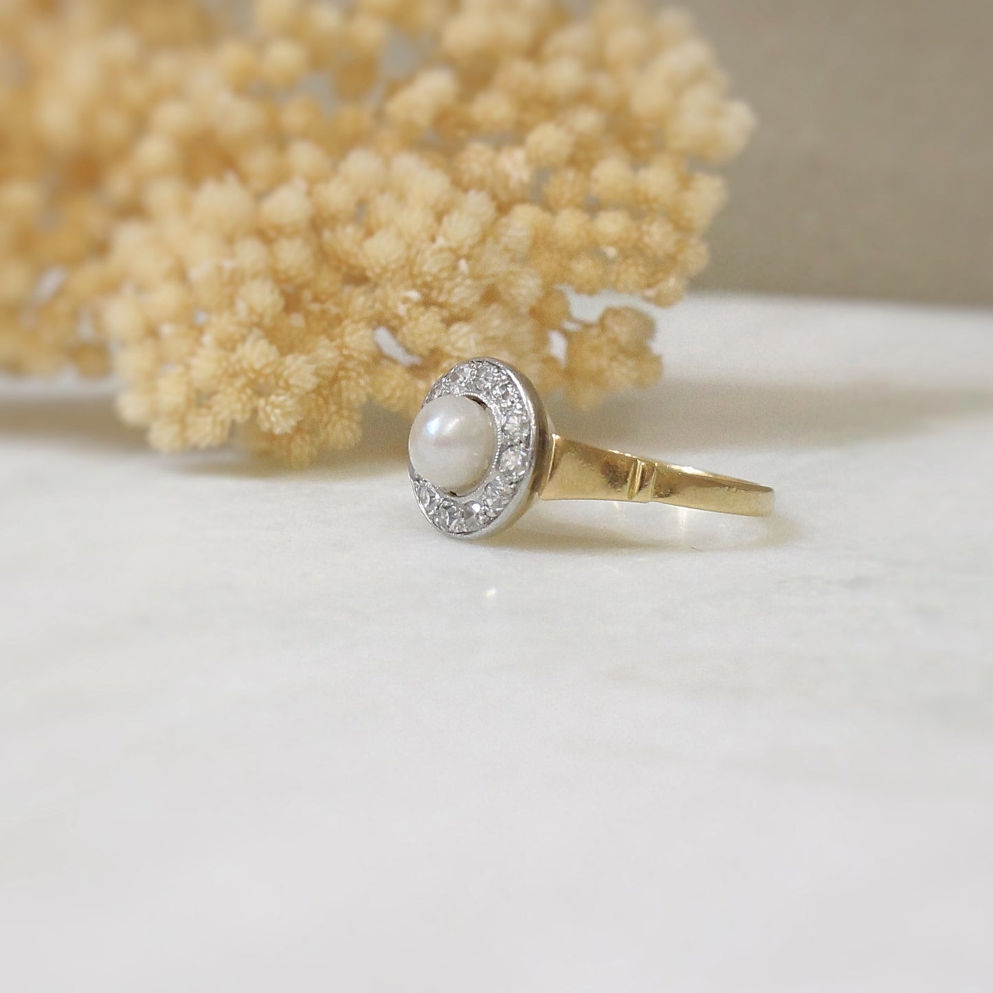 bague perle et diamants en platine et or jaune