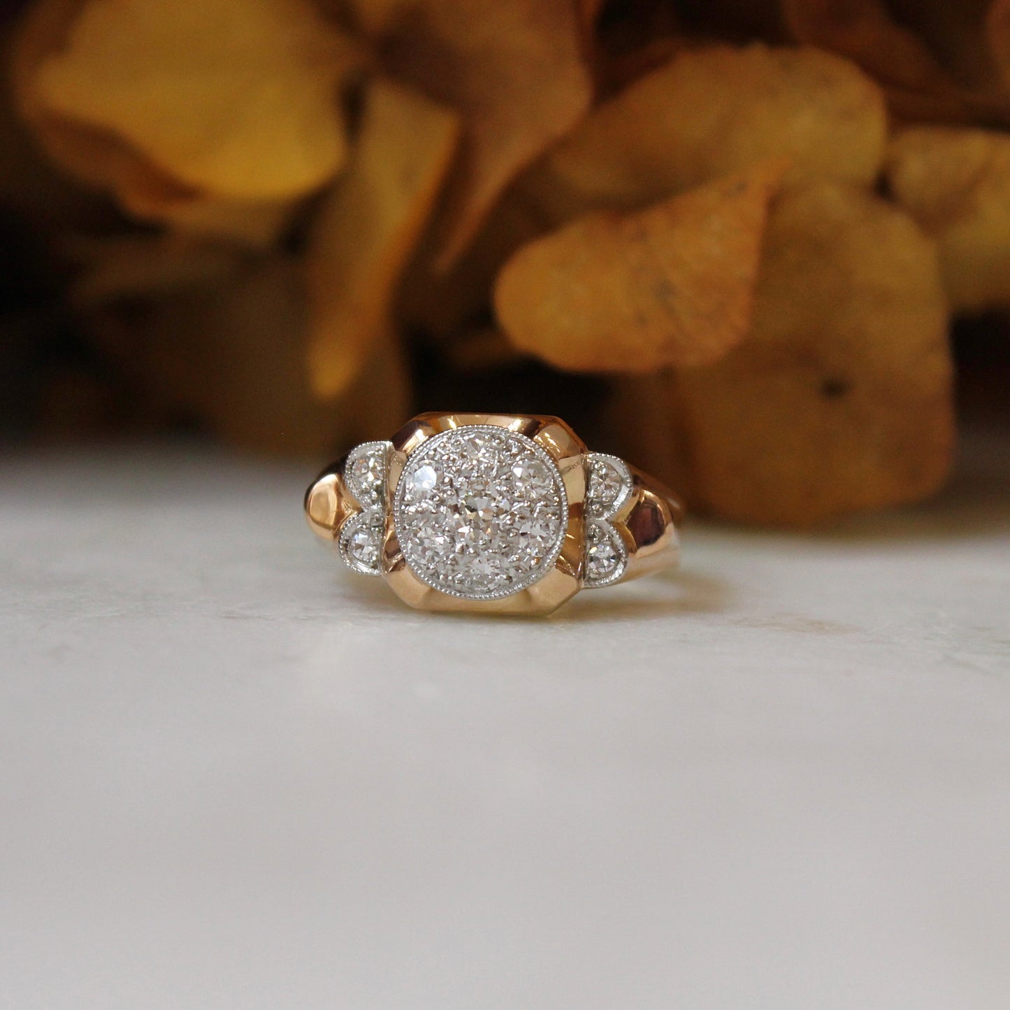 bague tank ancienne vers 1940 en or rose et diamants taille ancienne