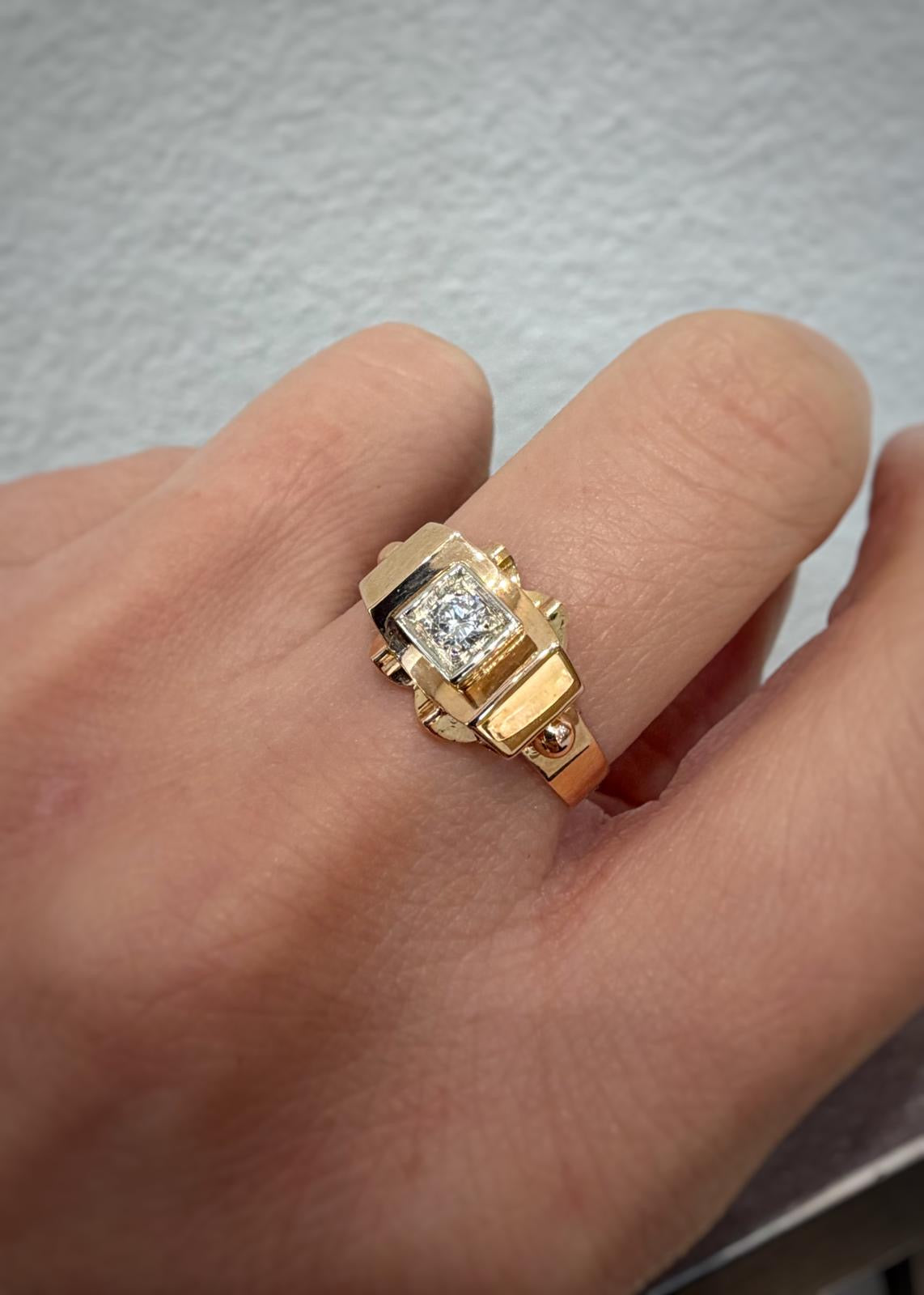 Bague années 40 Tank diamant or rose 18K