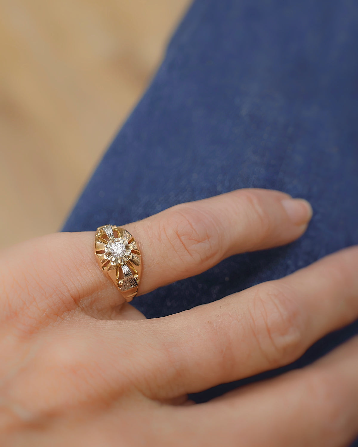 Bague annees 40 diamant or rose 18K