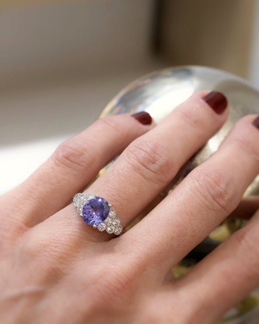 Bague escalier tanzanite et diamants sur platine