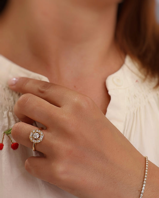 Bague octogonale diamants or jaune 18K