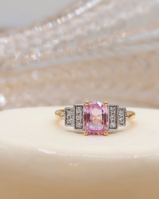Bague or 18K saphir rose et diamants inspiration Art Deco