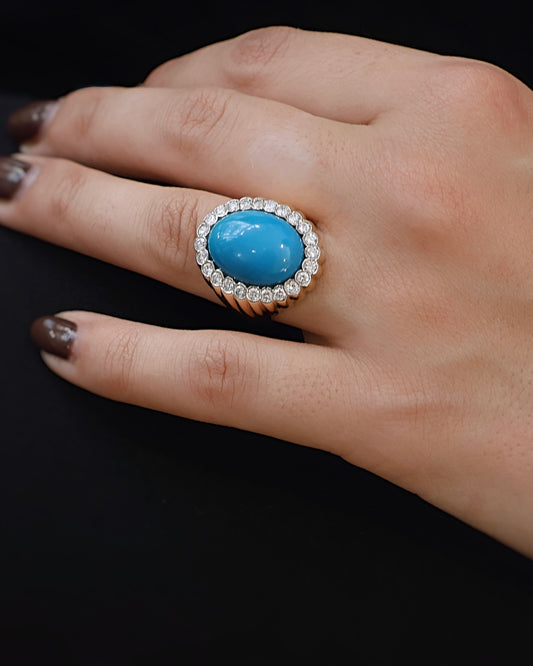 Bague or jaune turquoise cabochon et diamants