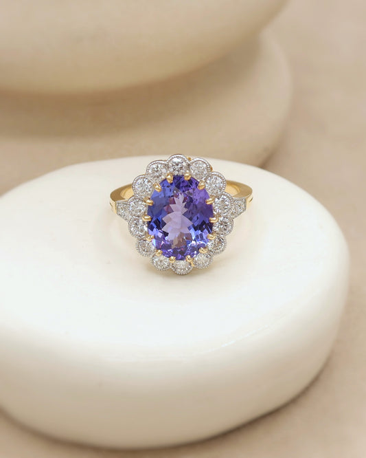 Bague pompadour tanzanite diamants or 18K