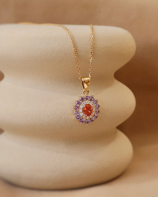 Pendentif saphir rose orange diamants et saphirs lavande or 18K
