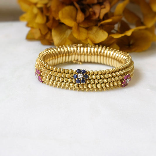 Rare bracelet ancien circa 1950 en or jaune,saphirs et diamants-bracelet vintage maille tubogaz