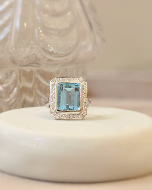 bague aigue maine et diamants sur or blanc 18k-monture de bague style Art Déco
