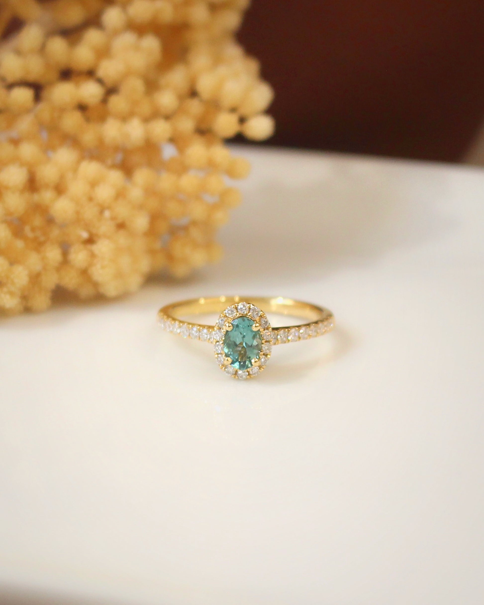 bague tourmaline bleu lagon entourage diamants - bague de fiançailles