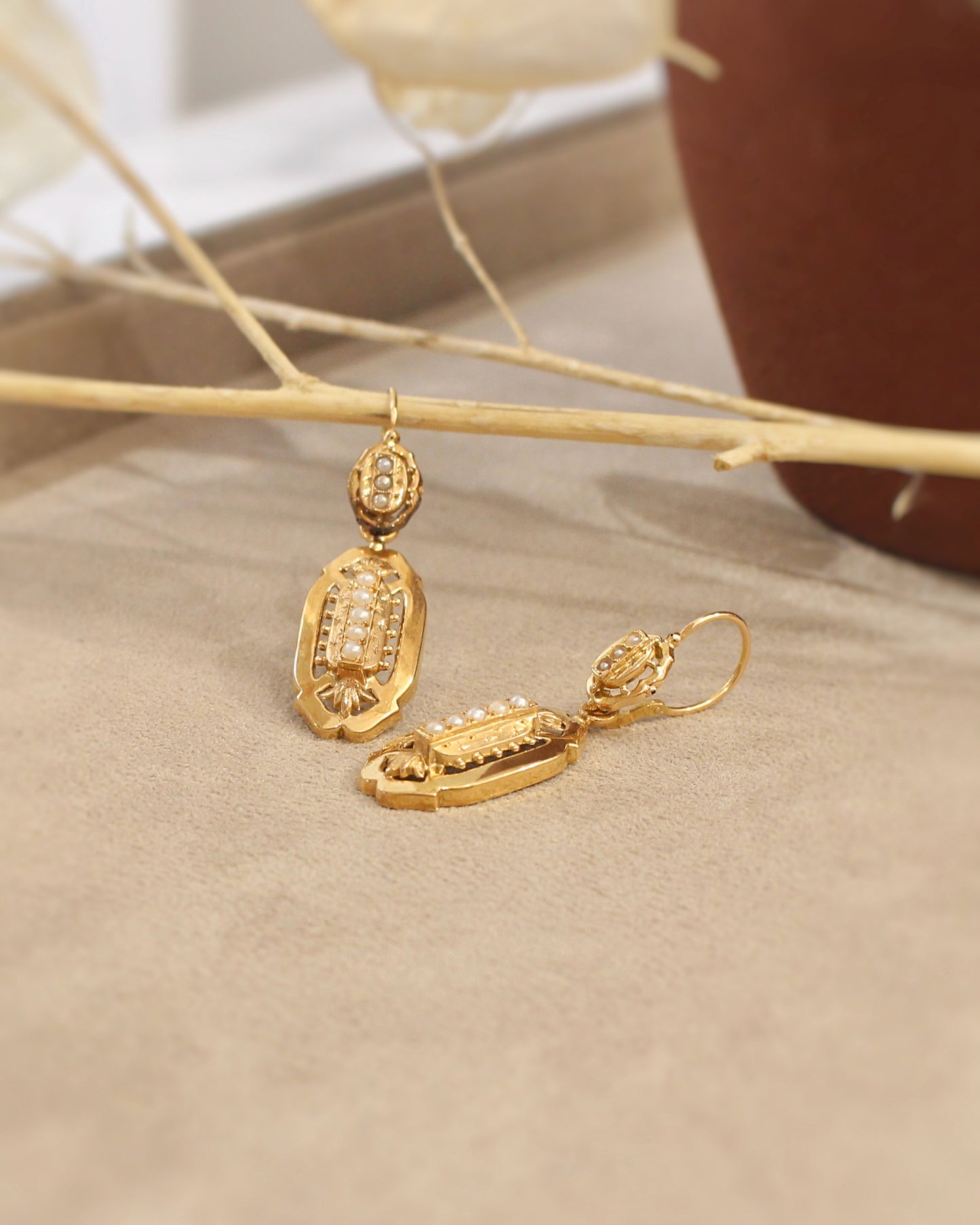 Boucles d oreilles anciennes en or rose ornee de perles fines - debut 20eme