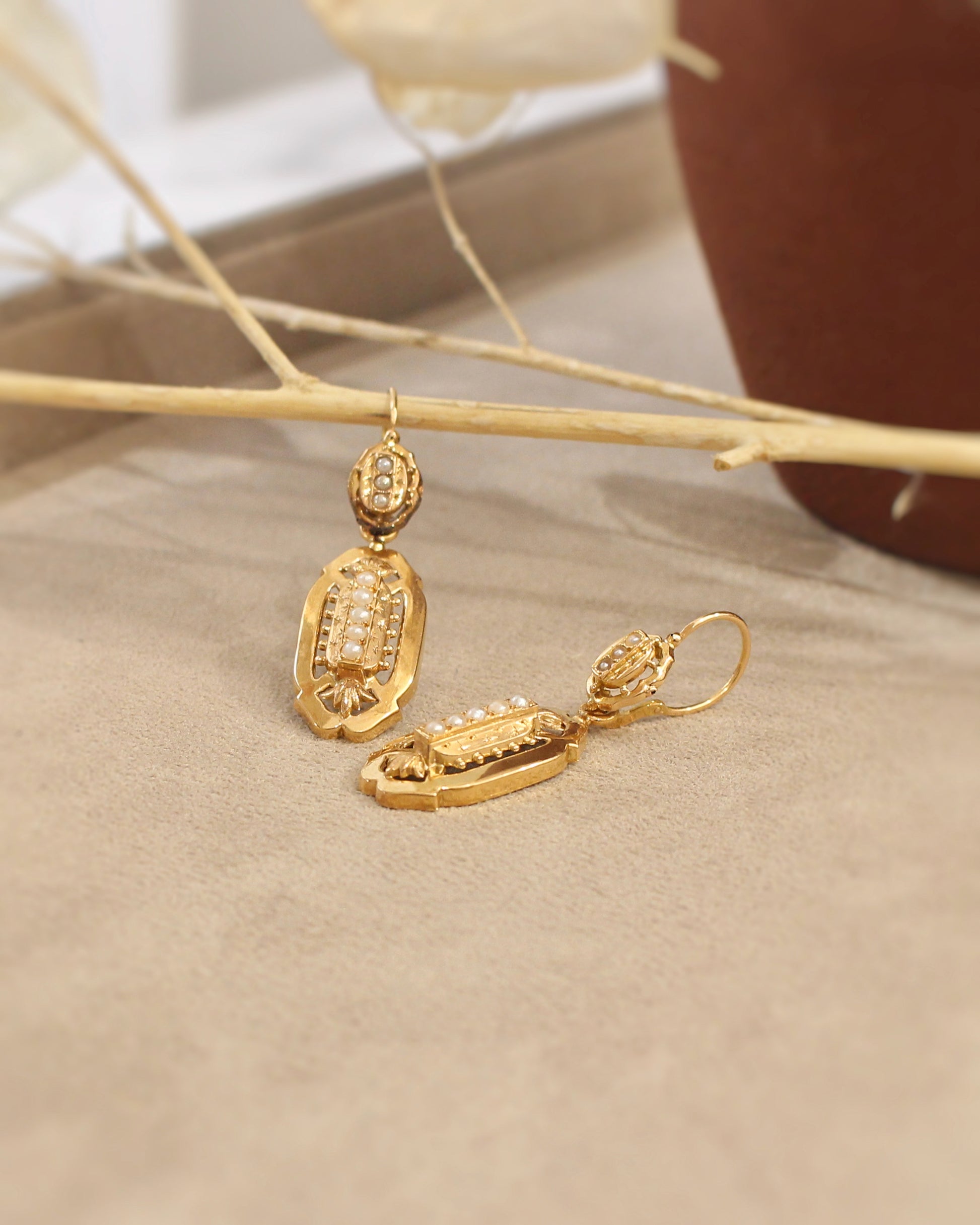Boucles d oreilles anciennes en or rose ornee de perles fines - debut 20eme