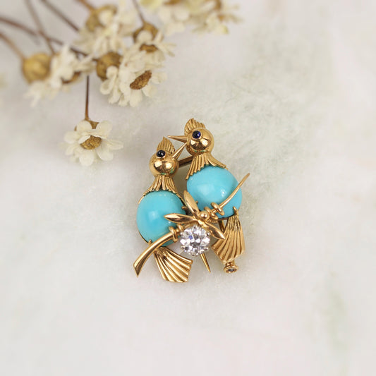 Broche en or jaune-turquoises et diamant- broche représentant un couple d'oiseaux