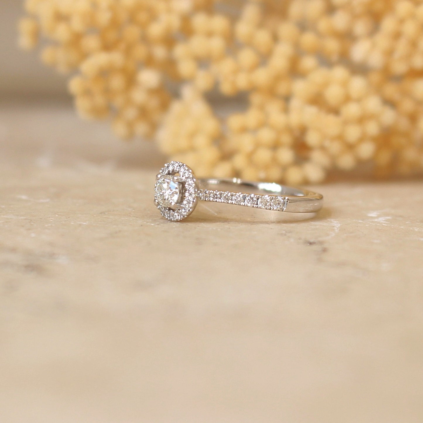 Demande en mariage : solitaire diamant avec une monture en or blanc 18K