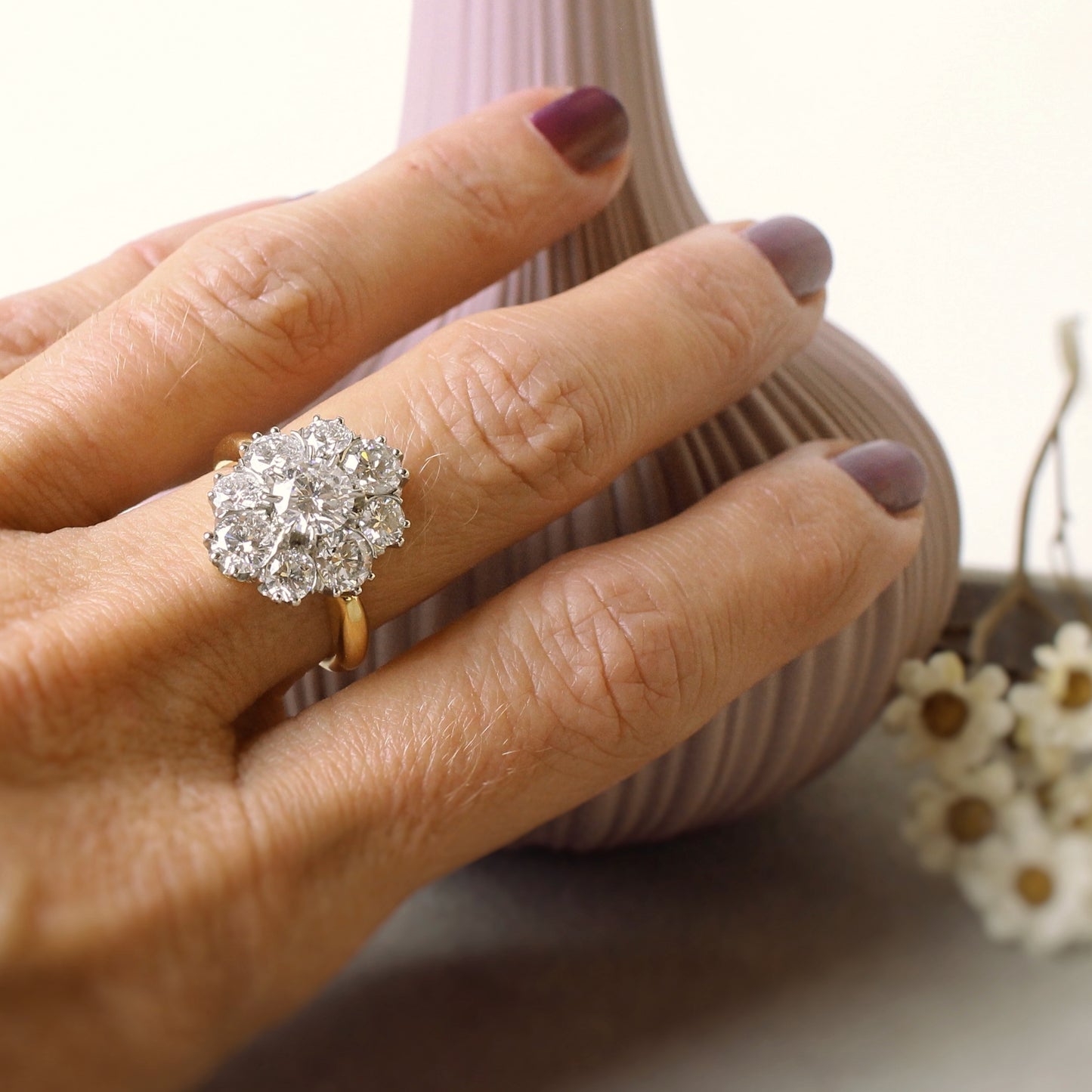 Sublime bague marguerite en diamants sertis griffes/monture en platine et or jaune 18k/bague de fiançailles